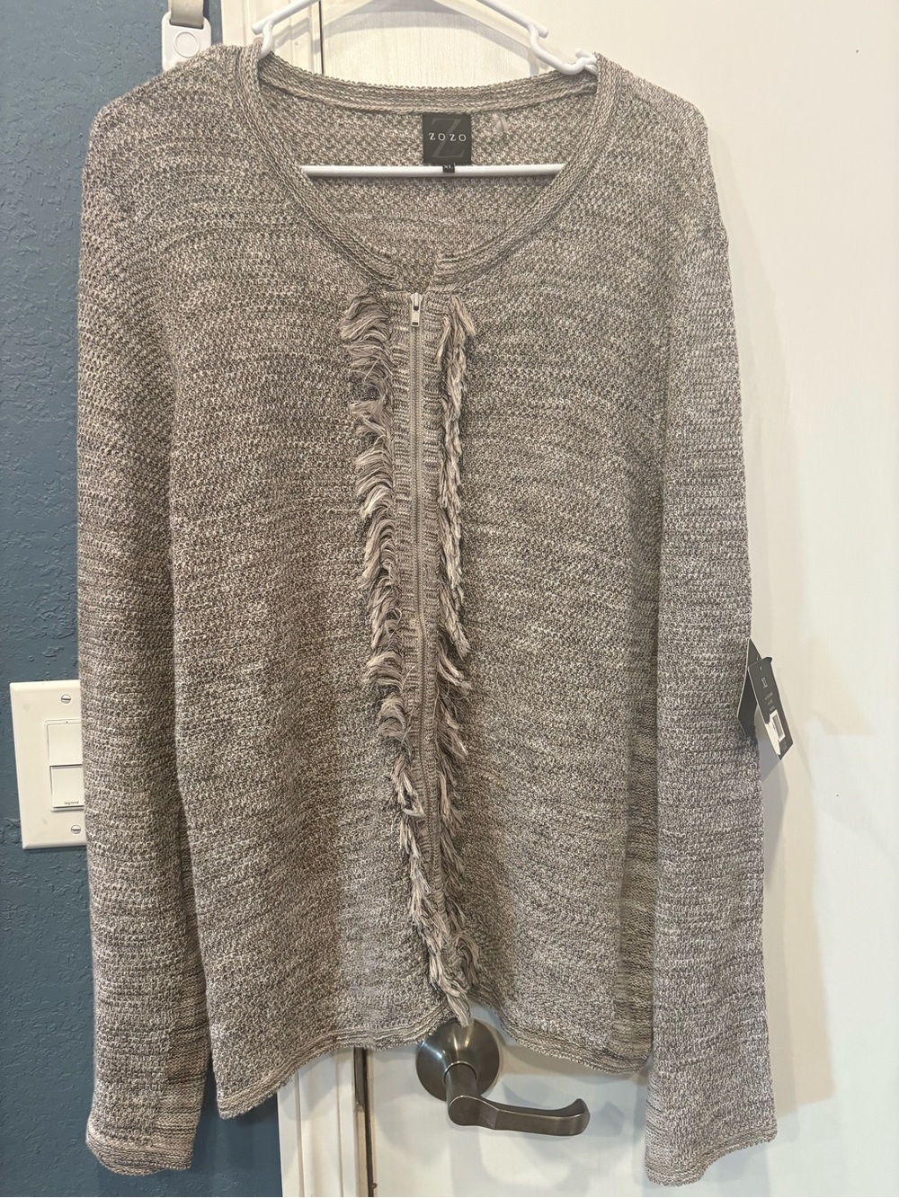 ZOZO Women's Tan mix Fringe-Trim Zip Cardigan Sweater NWT XL